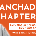 Banner with a picture of Swami Ishwarananda from Chinmaya Mission Los Angeles and a copy of Swami Vidyaranya's Panchadasi Chapter 10