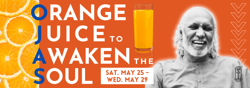 Banner for Orange Juice to Awaken the Soul or OJAS featuring a picture of oranges and Swami Ishwarananda.